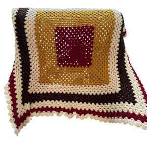 Vintage Handmade Crochet Blanket Aggie Colors Maroon Gold Brown 63x63